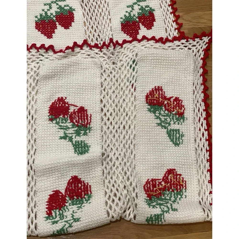Handmade Crochet Strawberry Blanket 60 in x 40 in White Homemade Granny Cottage